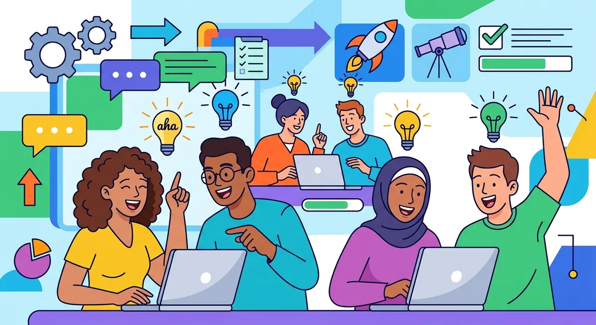 Bild diverser Menschen als Vektor-Illustration mit Gamification-Elementen